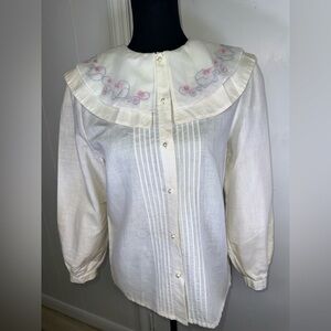 VINTAGE Melissa Burke Embroidered ivory Blouse with Pink & Blue Accents